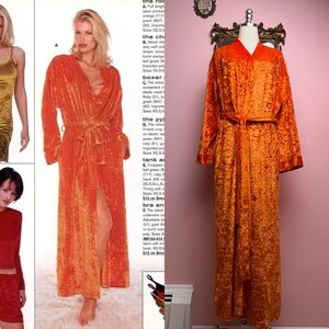 Vintage 1997 Victoria’s Secret Pink Heart Orange Crushed Velvet Maxi Robe Large